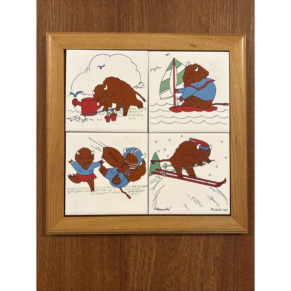Other - Vintage 1985 AM&As Buffalo Ceramic Tile Wall Art 4 Tile Framed Alexander Buffalo